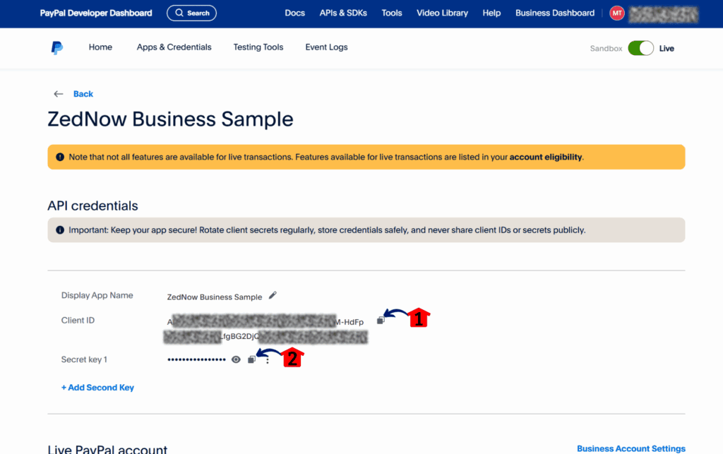 mini-guide-setup-paypal-secret-id copying credentials for PayPal payment setup