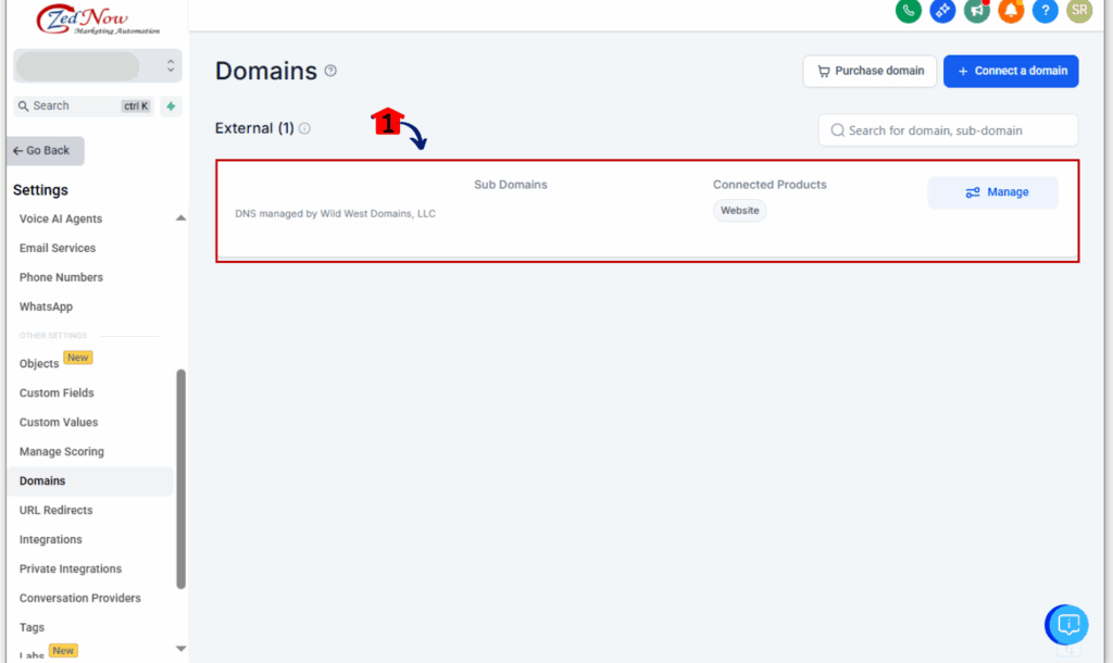 reply-domains-email-threading-3 Verified domain view inside GoHighLevel used for email threading fix testing