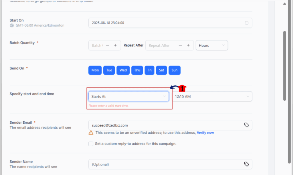campaign scheduling - Fix Missing Start Time Prompt