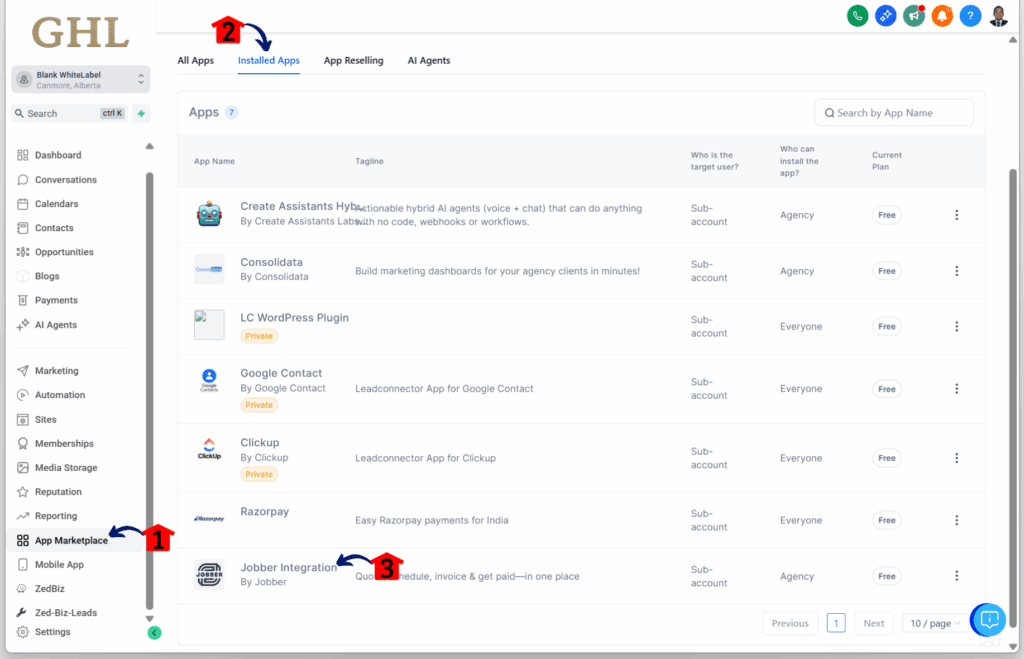 ghl-highlevel-jobber-installed-apps How to Confirm the Jobber Integration App in the Sub-Account
