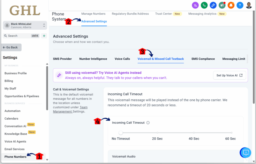ghl-setup-incoming-call-timeout-phone-numbers GHL Call Timeout Settings – Adjust Phone Number Settings