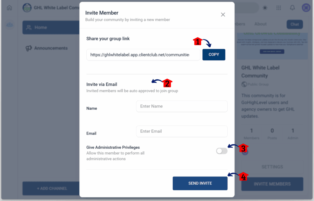 main-guide-create-manage-community-send-invite GoHighLevel Online Community Management – Send Invitations