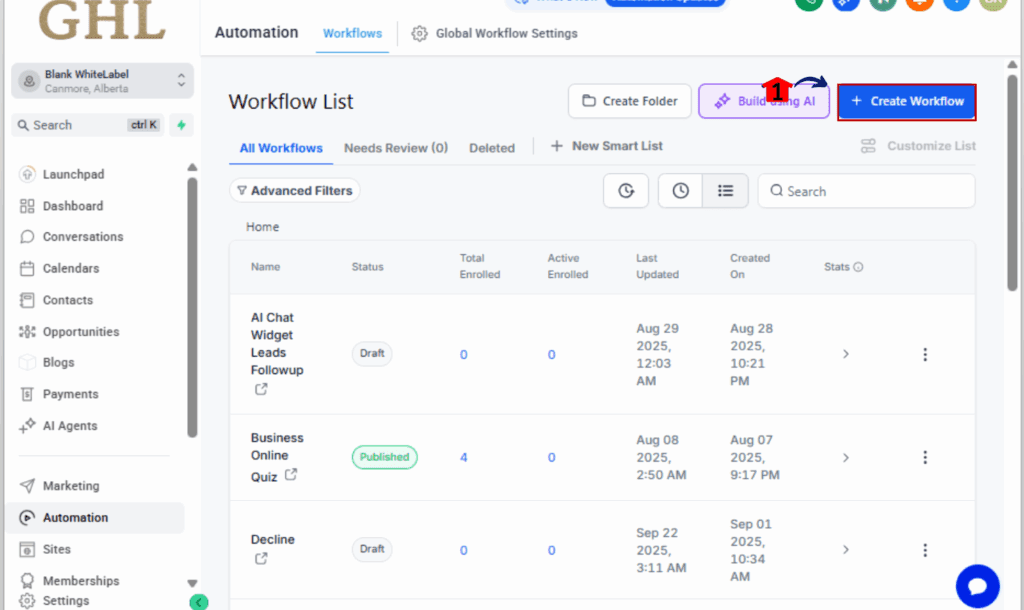 GHL workflow task automation
- Create or Open a Workflow