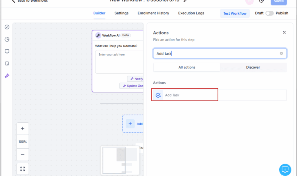 GoHighLevel workflow task automation
- Add the “Add Task” Action