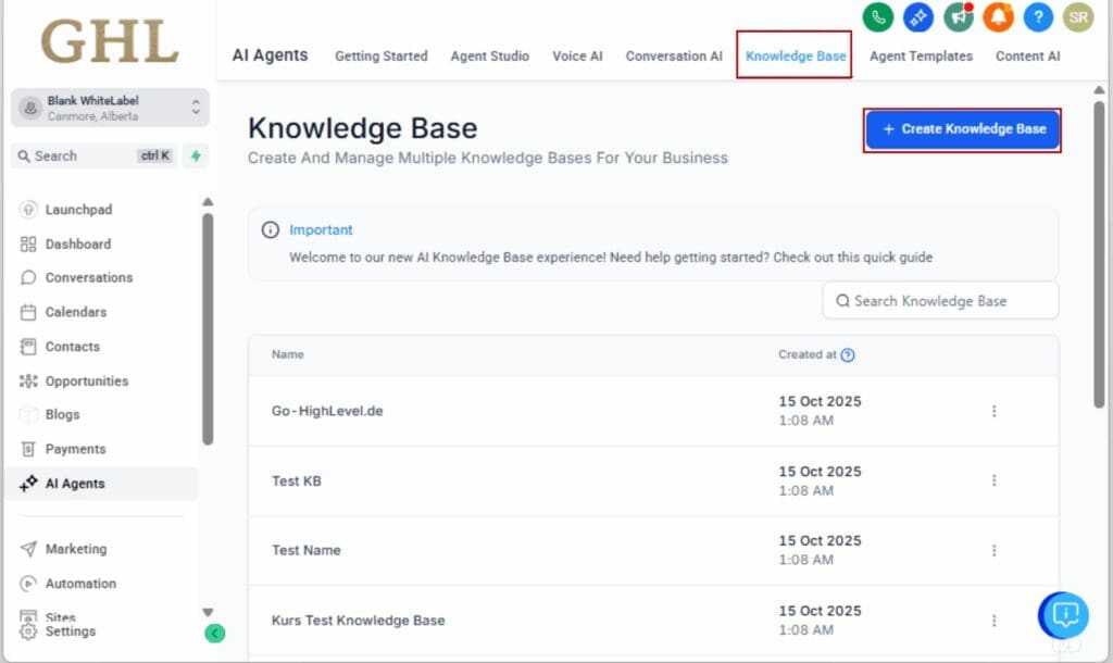 GHL AI knowledge base
- Create a Knowledge Base