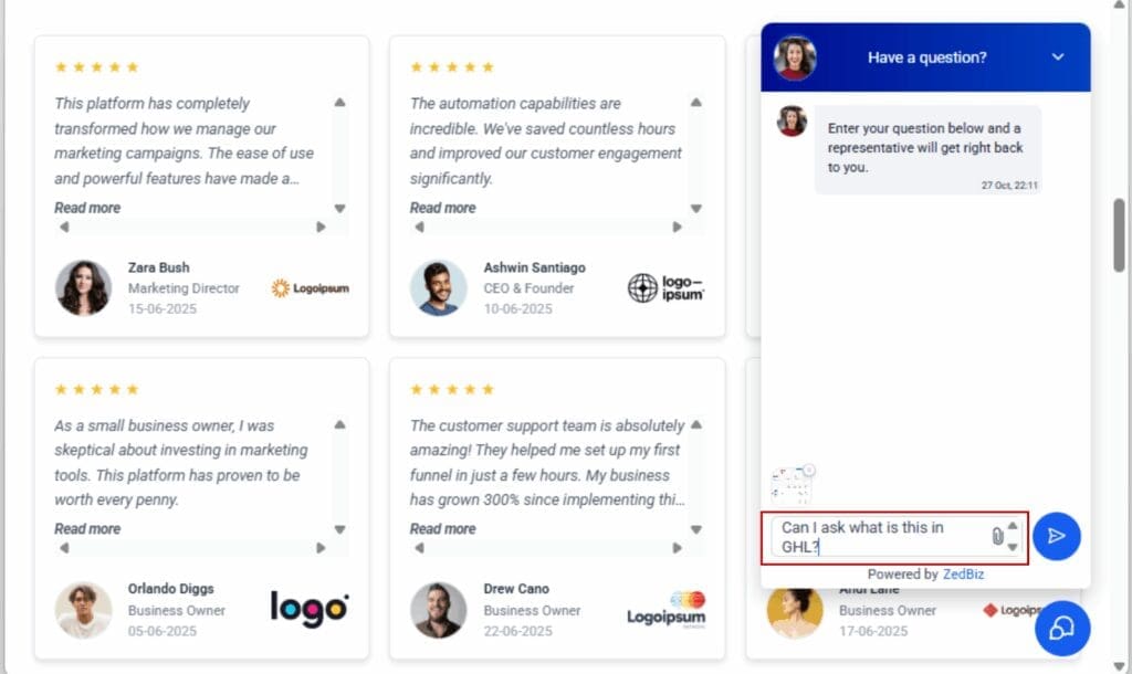 GoHighLevel Live Chat Attachments
 - Type a Message (Required)
