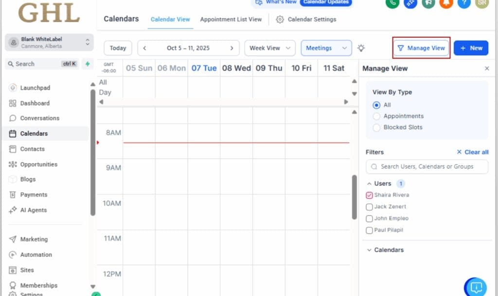 GHL calendar scheduling view
- Access the Calendar Inside a Location