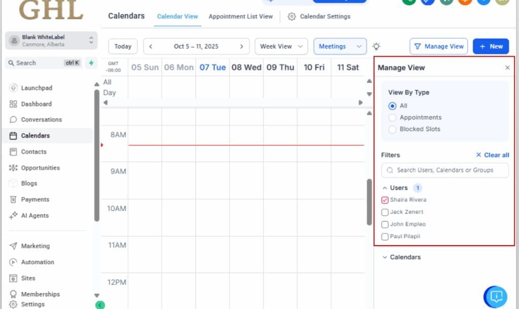 GoHighLevel calendar scheduling view
- Use the View-Specific Filter Panel