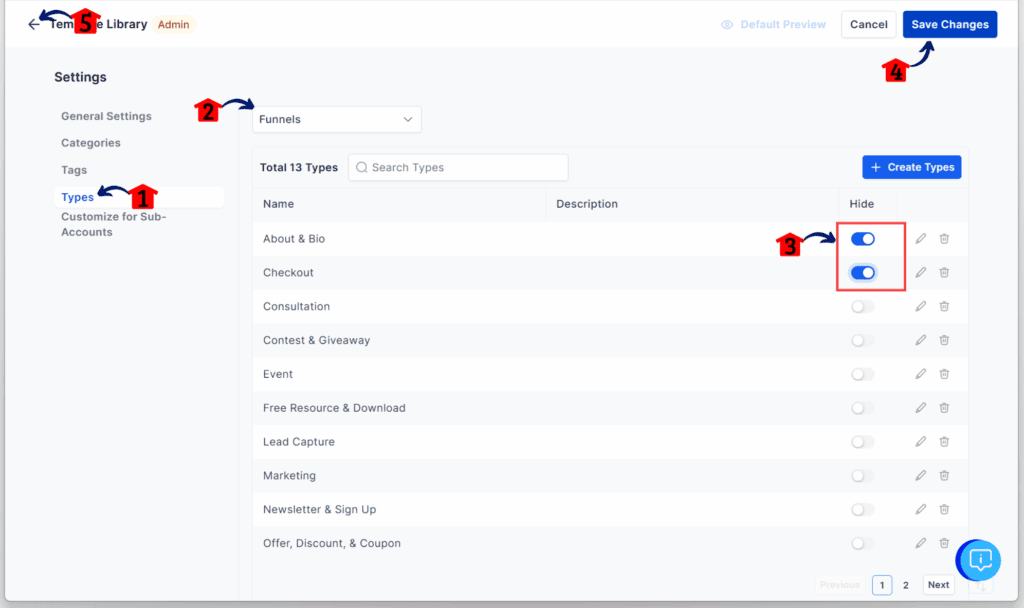 ghl-hide-types-tags-template-library-save-changes GoHighLevel Template Library Filters – Manage Template Types or Tags
