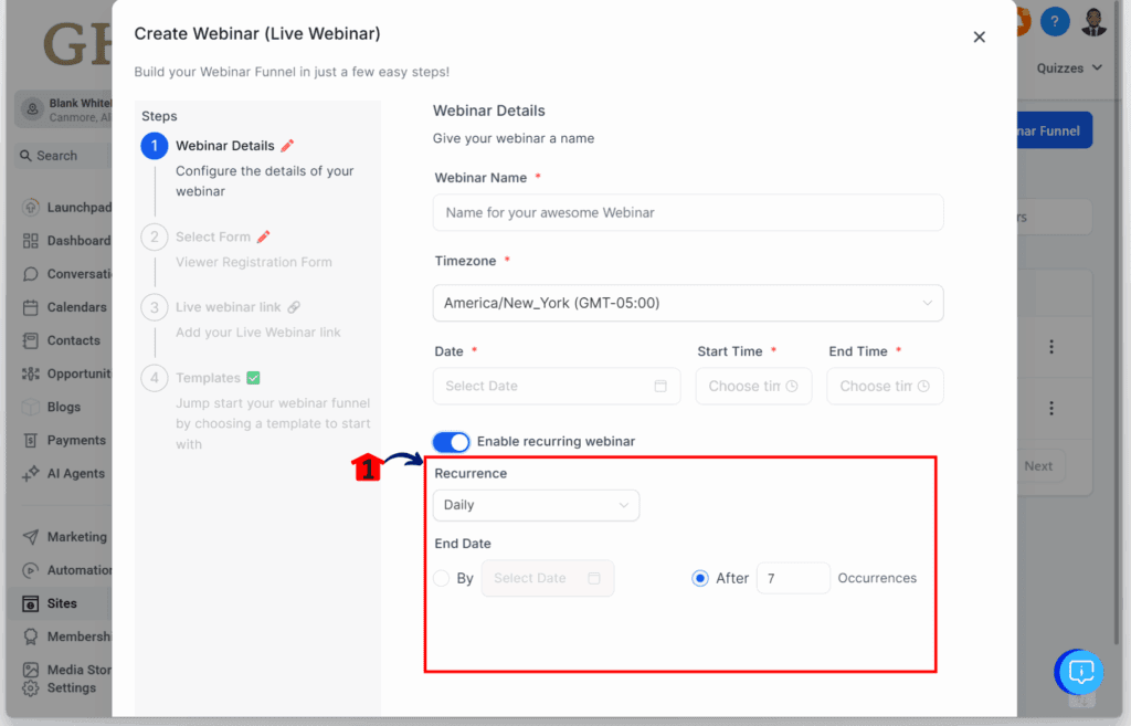 ghl-recurring-webinar-settings-configure Recurring Webinar – Set Up Recurrence Details in GoHighLevel