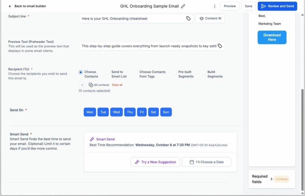 ghl-smart-send-email-marketing-choose date GHL Email Timing Optimization - Review and Send Your Email