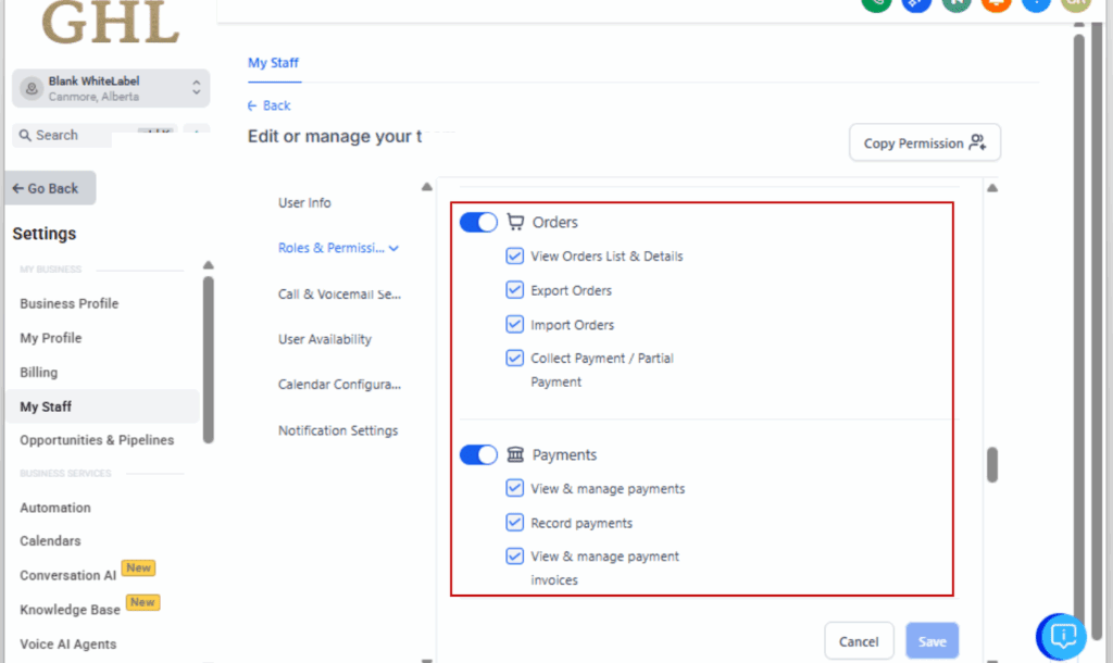GHL payment permissions
- Locate the Payment Modules Section