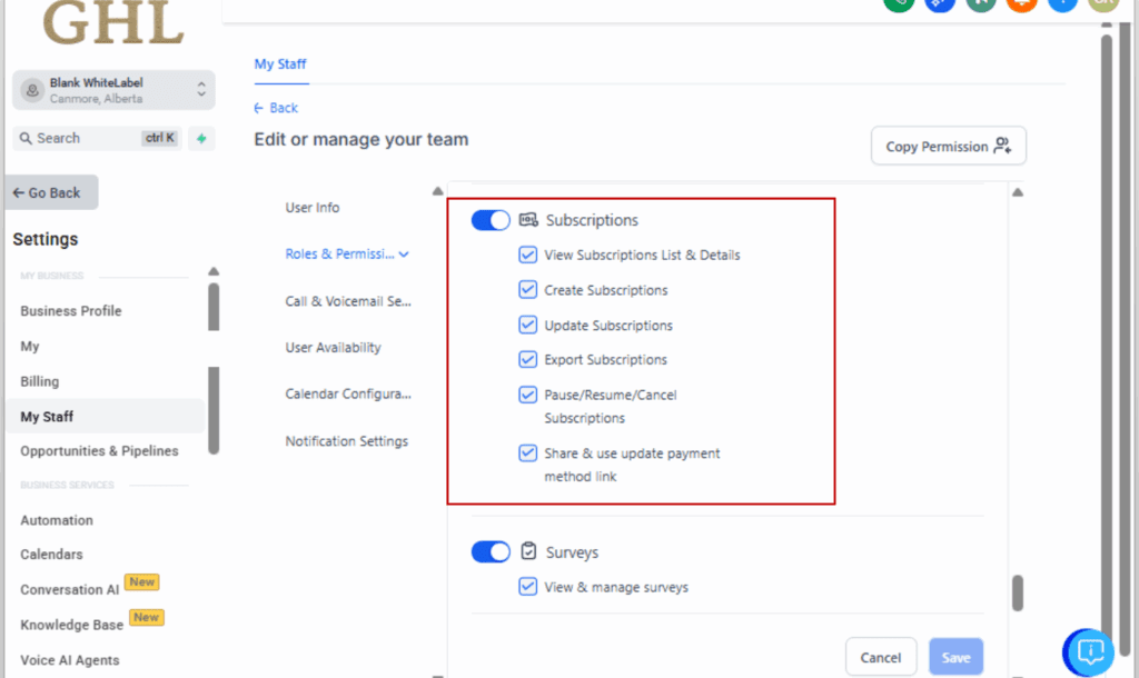 GoHighLevel payment permissions
- Toggle Permissions for Each Module