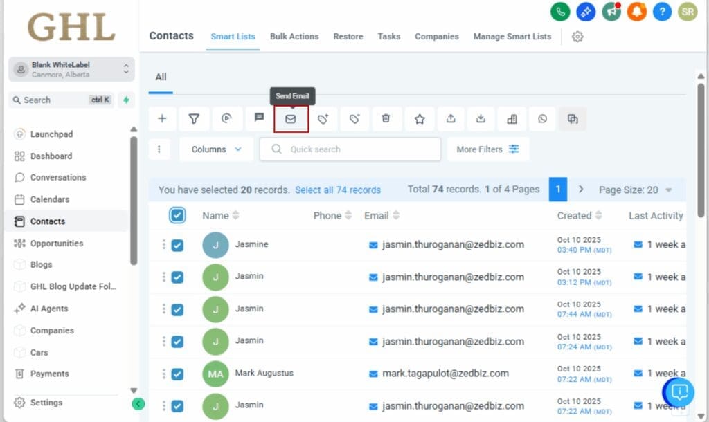 GHL bulk email sending
- Start a Bulk Email Action