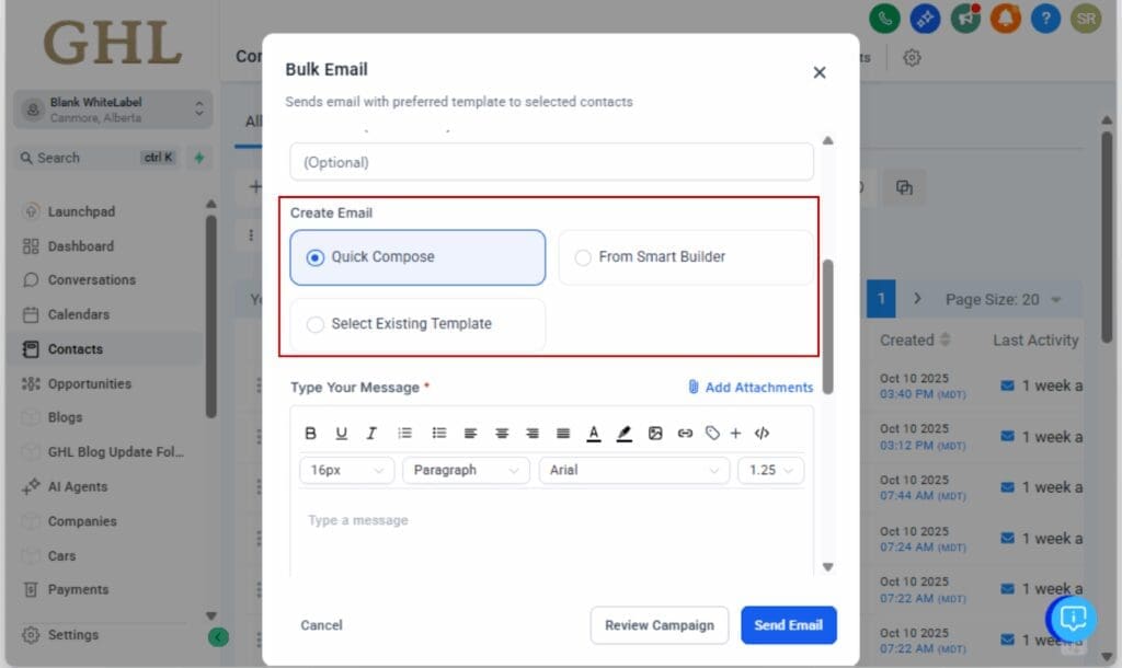 GoHighLevel bulk email sending
- Choose Your Email Creation Method