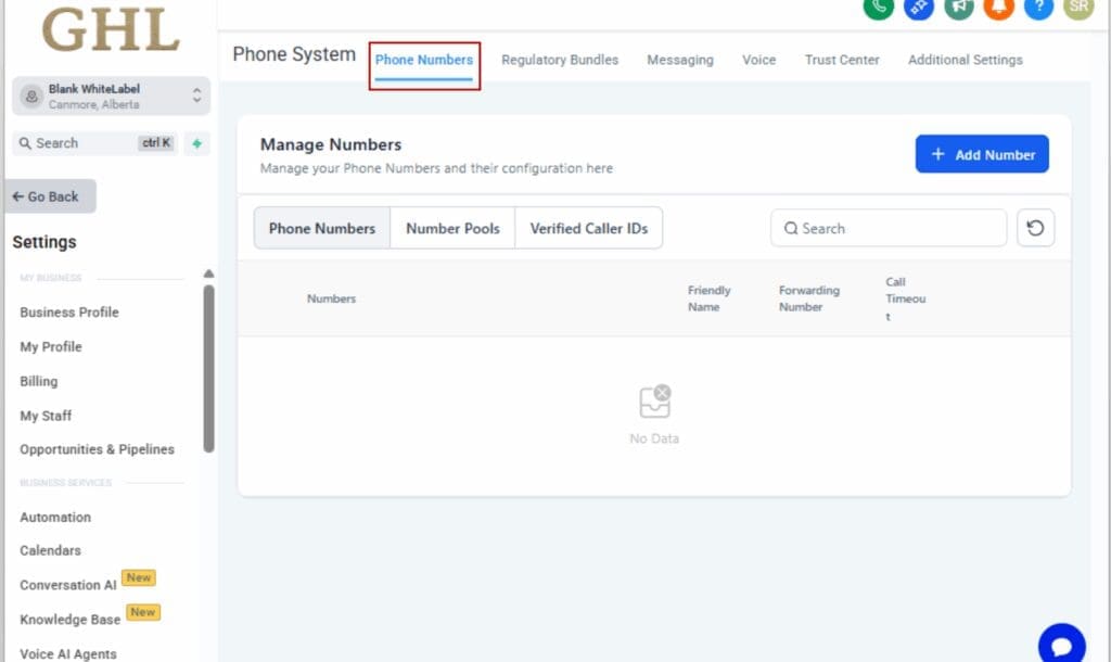 GHL Phone System Settings
- Manage Phone Numbers