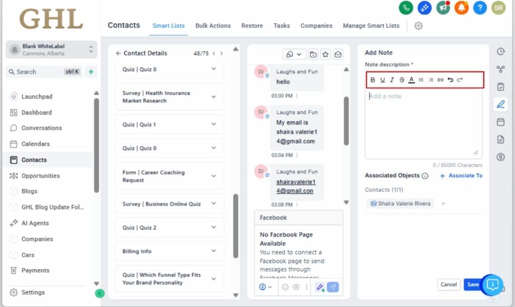 GHL Rich Text Notes
 - Use the Formatting Tools
