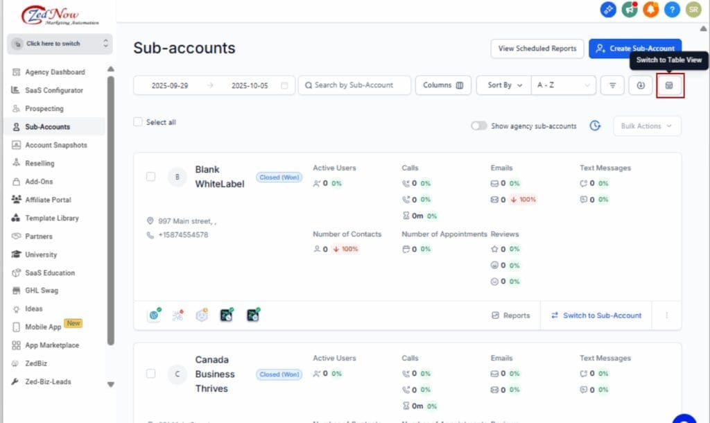 account management tools
- Switch to Table View
