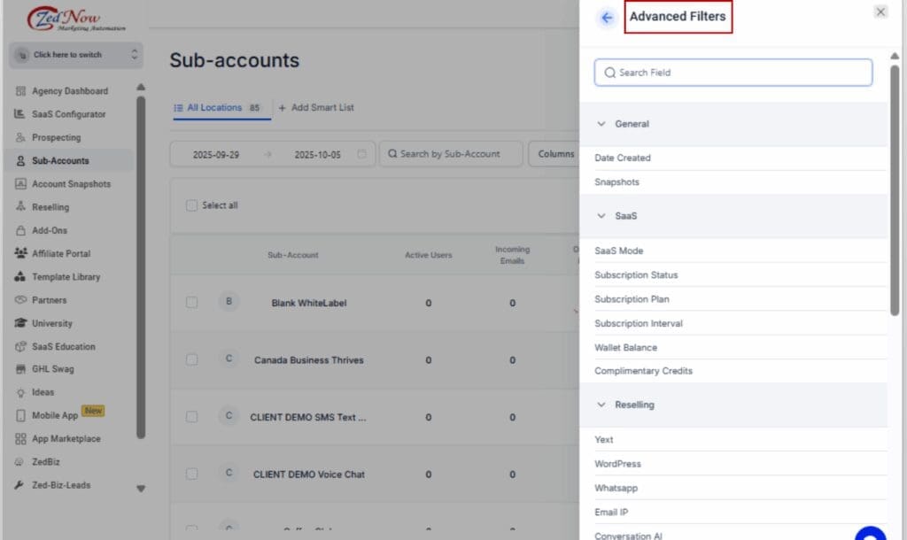 GoHighLevel account management tools
- Filter, Search, and Sort