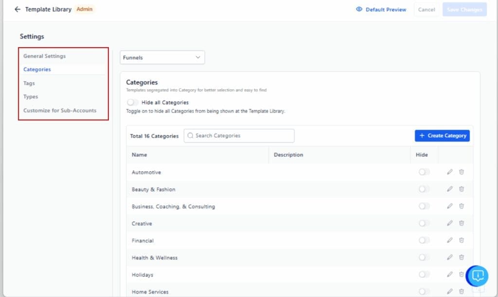 GHL template library settings
- Navigate the Settings Tabs