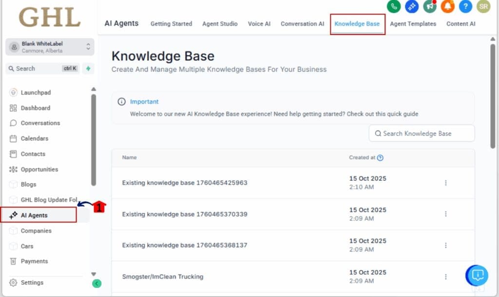 AI knowledge base
 - Navigate to the Knowledge Base