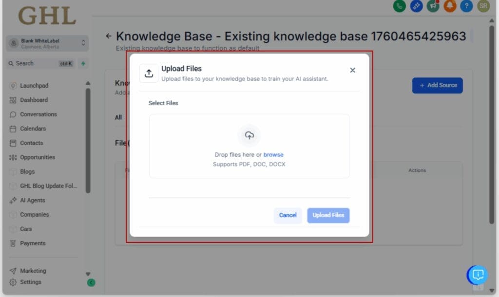GHL AI knowledge base
 - Upload a PDF, DOC, or DOCX File