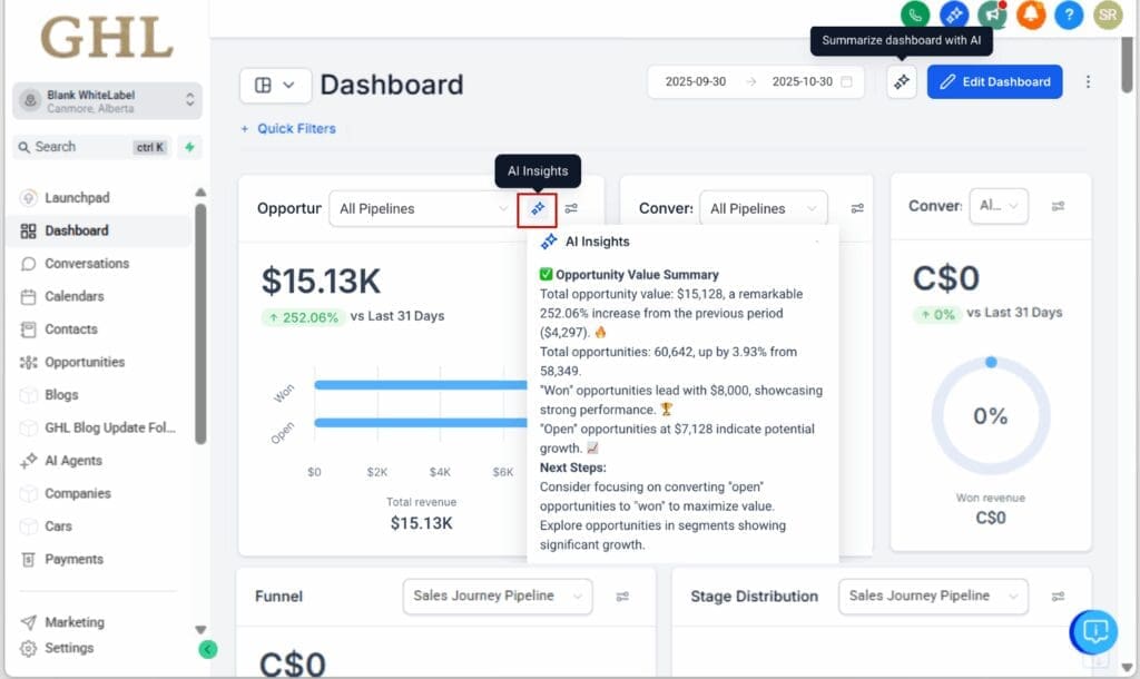 GoHighLevel AI dashboard insights
- Use Widget-Level AI Summaries