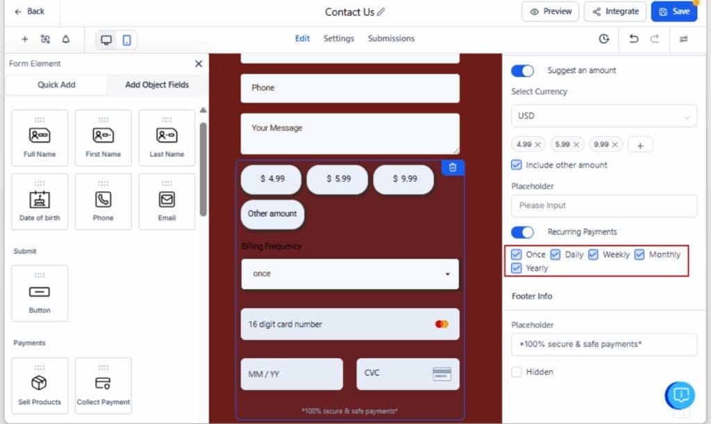GoHighLevel recurring donation form
 - Select Donation Frequency Options