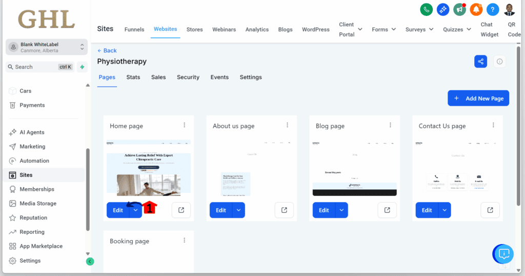 GHL AI website editor - Open a Page for Editing