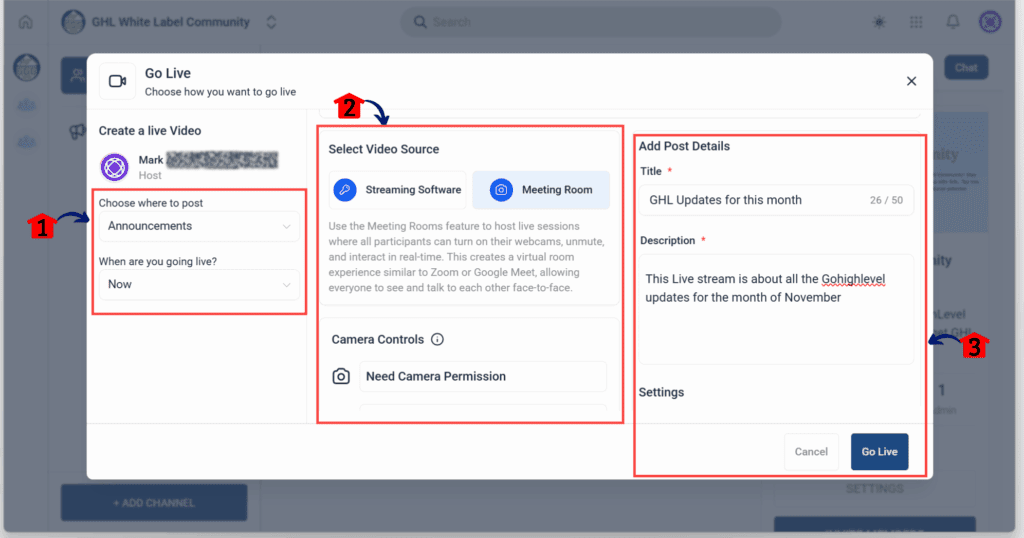 GoHighLevel Live Streaming Communities - Set Up Your Live Session