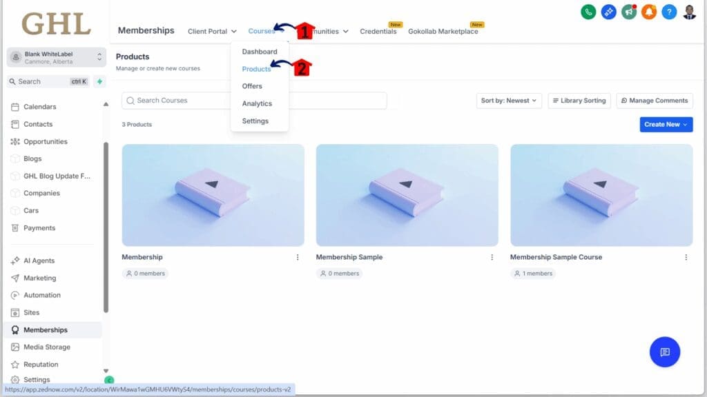 GHL course builder update - Navigate to the Products Area