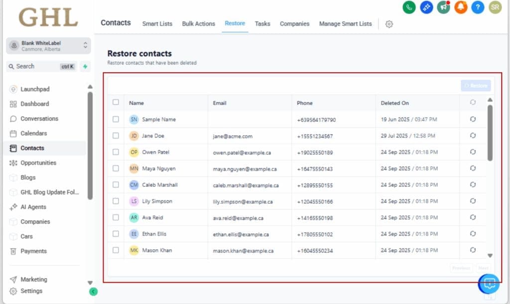 GHL trash recovery access
 - Search or Scroll for the Item