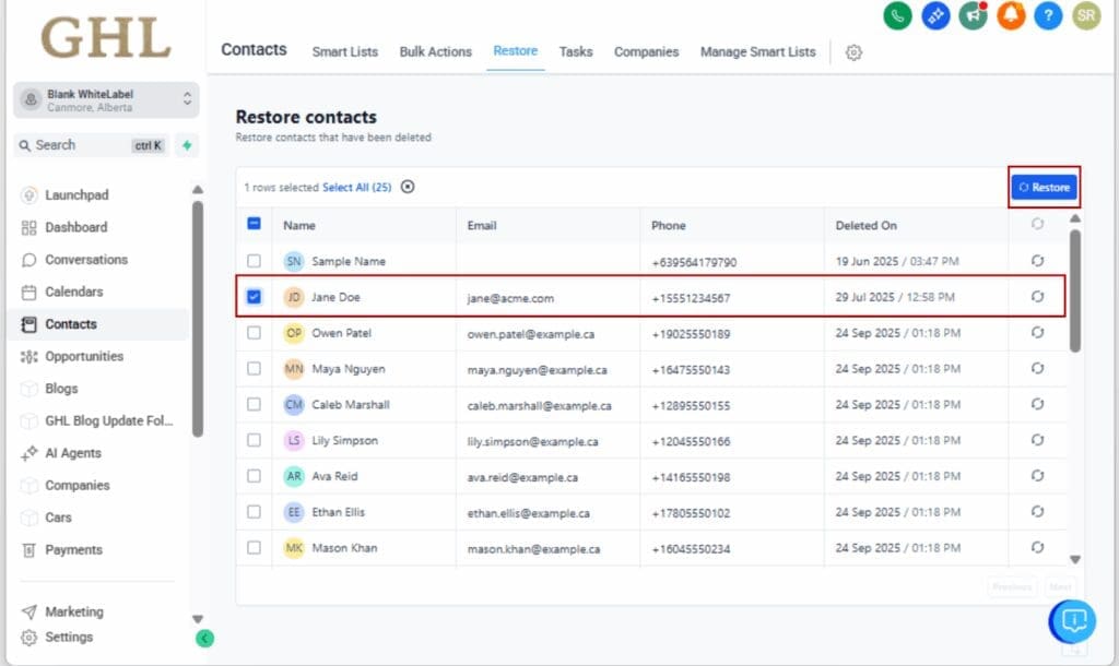 GoHighLevel trash recovery access
 - Restore the Deleted Item