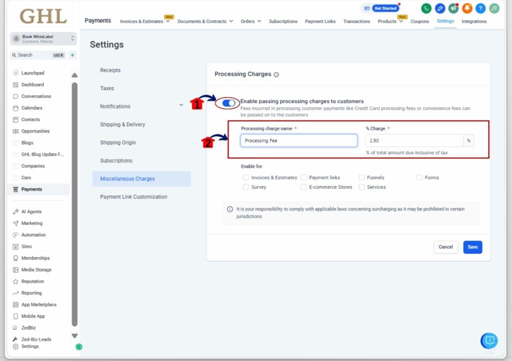 processing fee checkout - configure