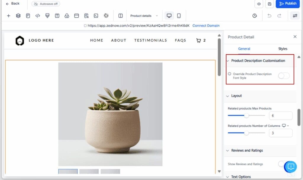 GHL Product Description Styling
 - Find Product Description Customisation Panel