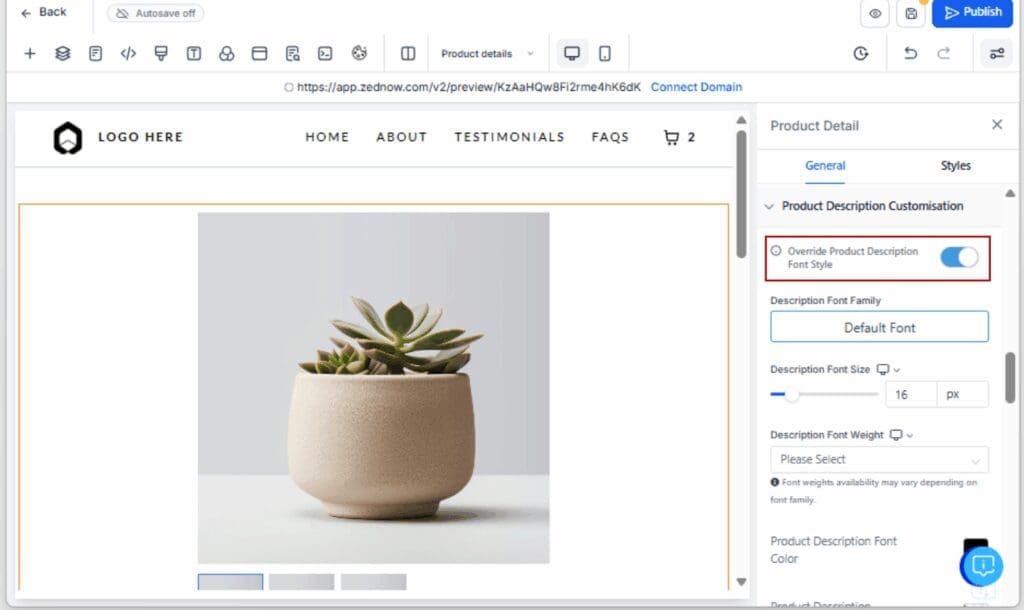 GoHighLevel Product Description Styling
 - Toggle On the Font Style Override