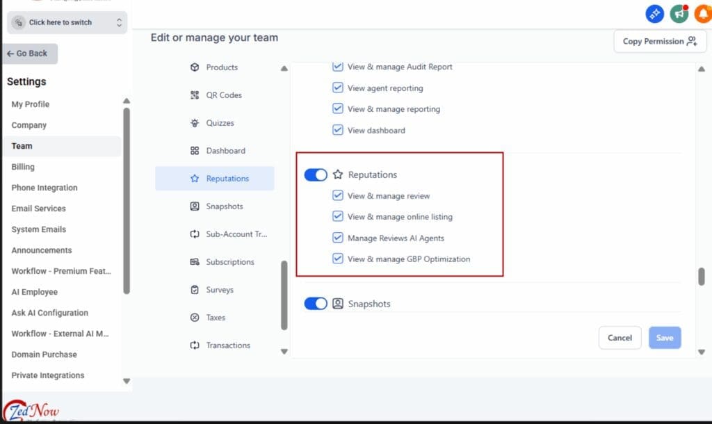 GoHighLevel AI review management
 - Enable Location Permissions (Agency Only)