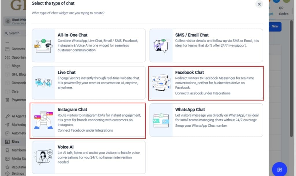 Meta Chat Widget
- Choose the Meta Chat Widget Type