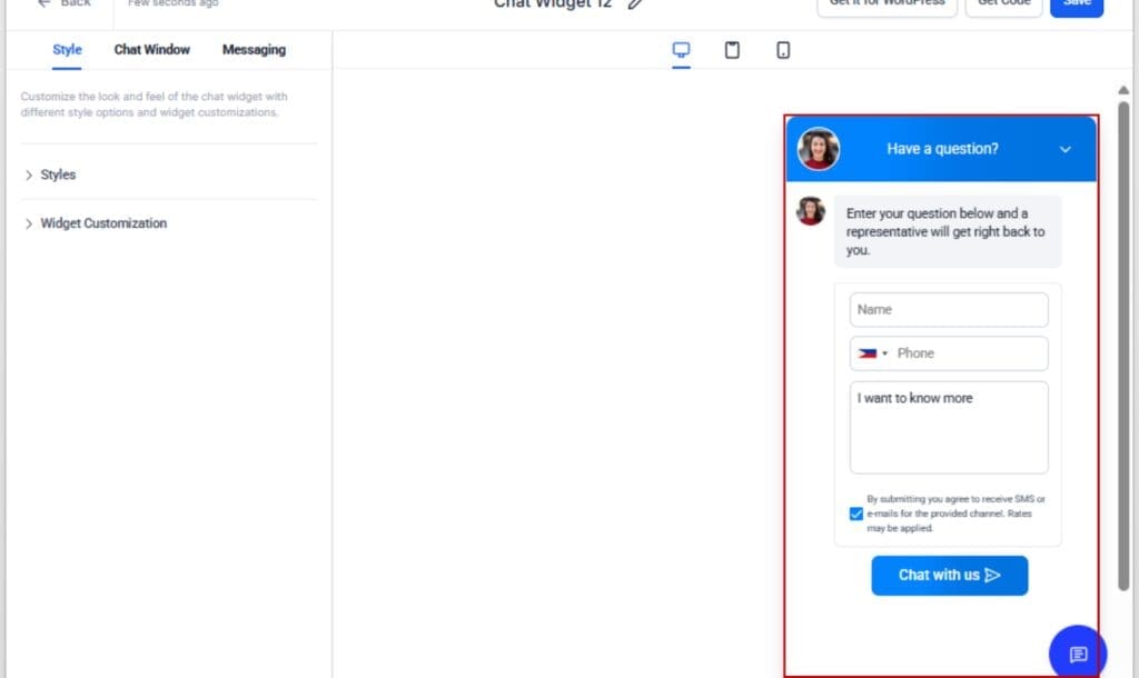 Meta Chat Widget
- Go to the Chat Window Tab