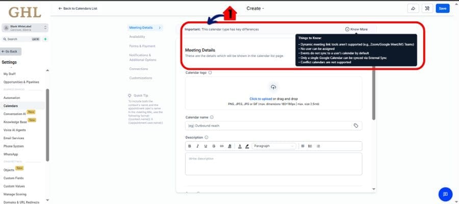 ghl event calendar key behavior