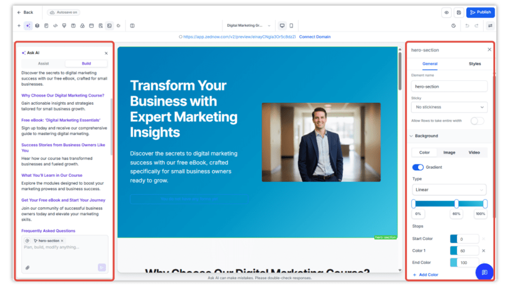 ghl-ai-funnel-builder-settings Side by side AI and manual settings