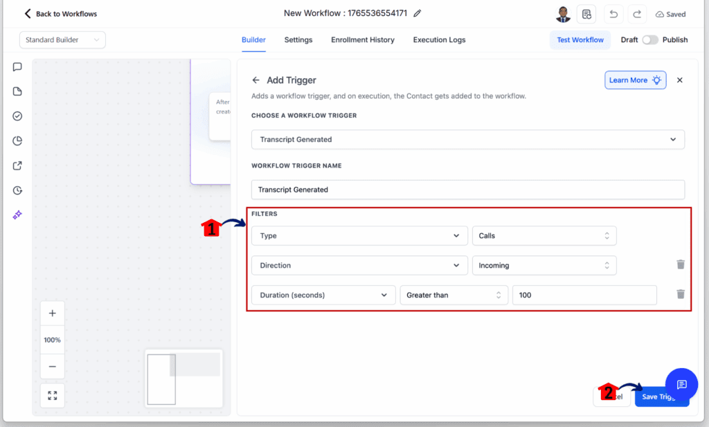 ghl-call-transcript-generated-filters GHL Call Transcription Trigger - Configure the Transcript Generated Settings