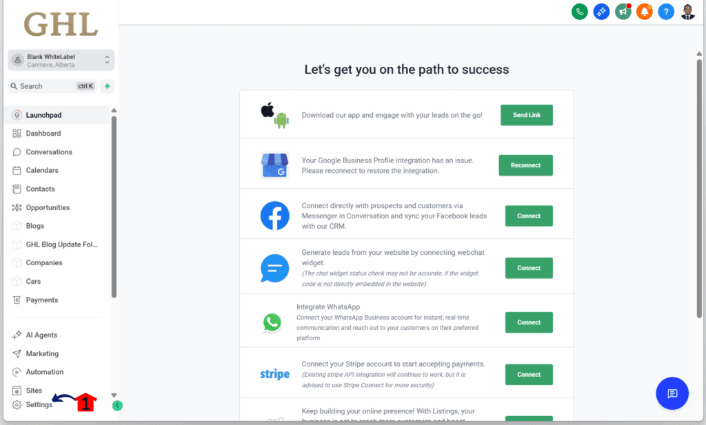 GoHighLevel Data Management Redesign - Access the Settings Area