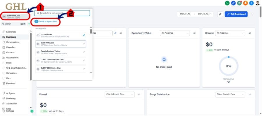 ghl switch to agency view