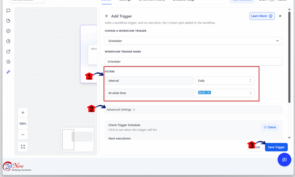 GoHighLevel workflow scheduler - Configure the Scheduler Settings