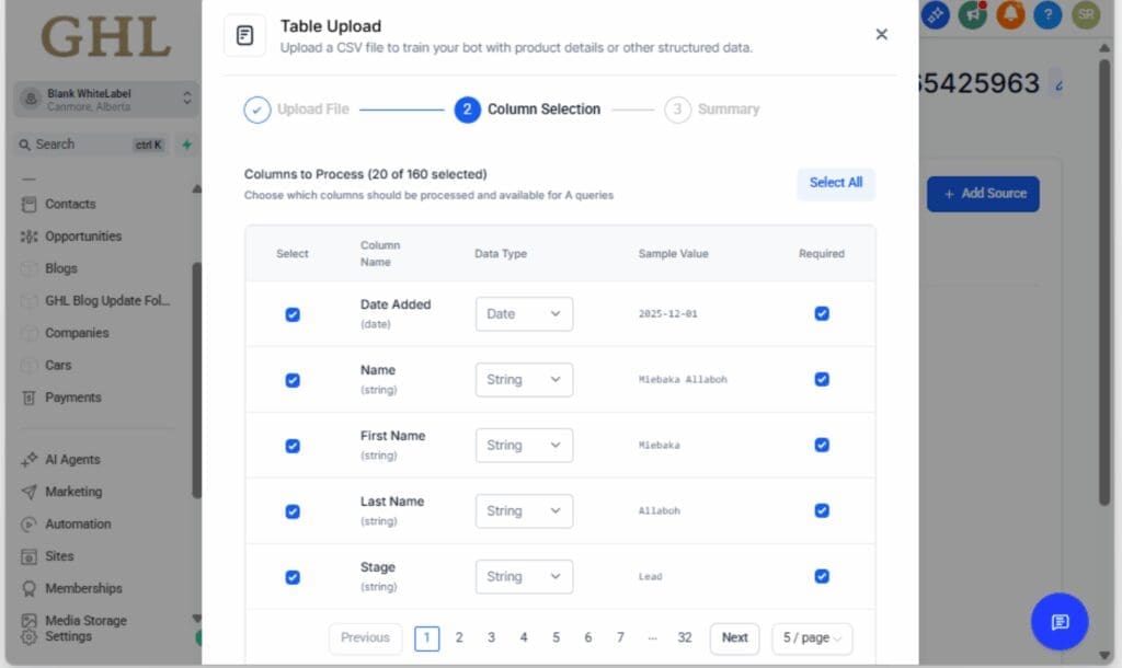 GoHighLevel AI Table Search - Configure Your Columns
