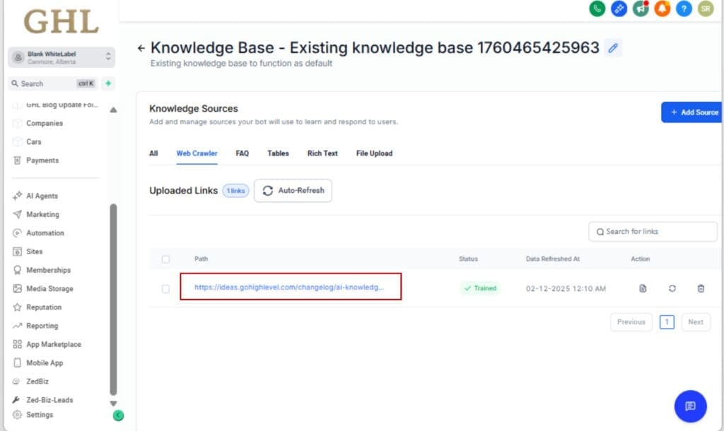 AI Web Crawler - Access the Website Crawler Settings