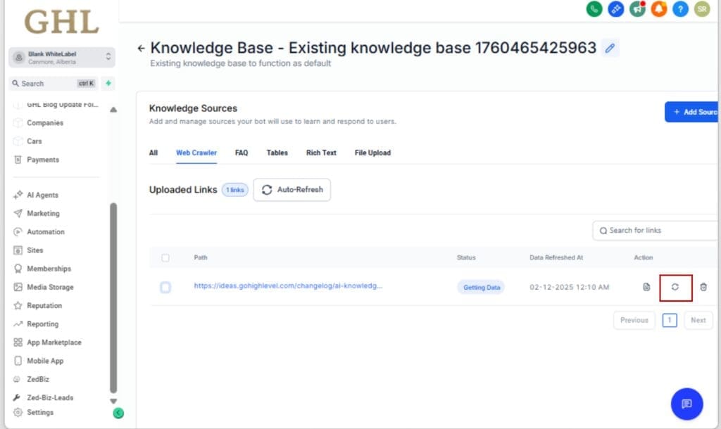 GHL AI Web Crawler - Start a Manual Crawl