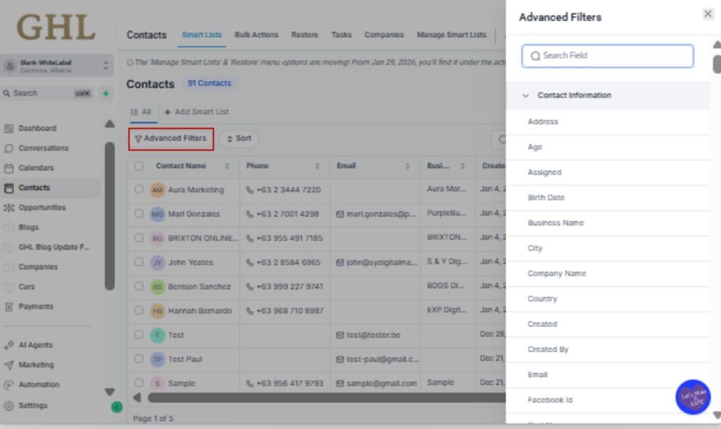 Contact List Filtering
 - Create or Open a SmartList