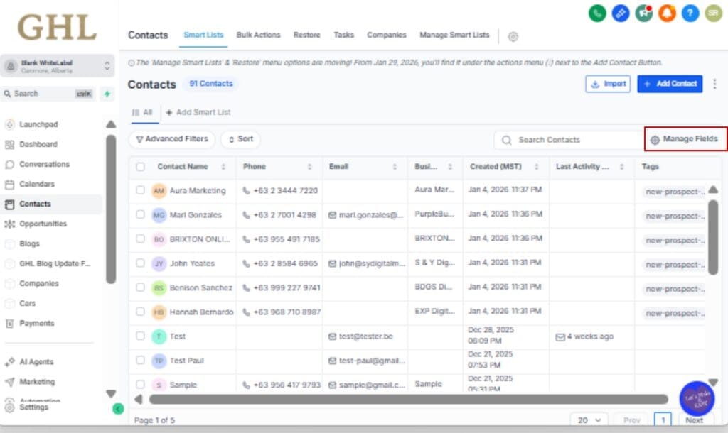 GoHighLevel Contact List Filtering
 - Manage Fields for Better Clarity